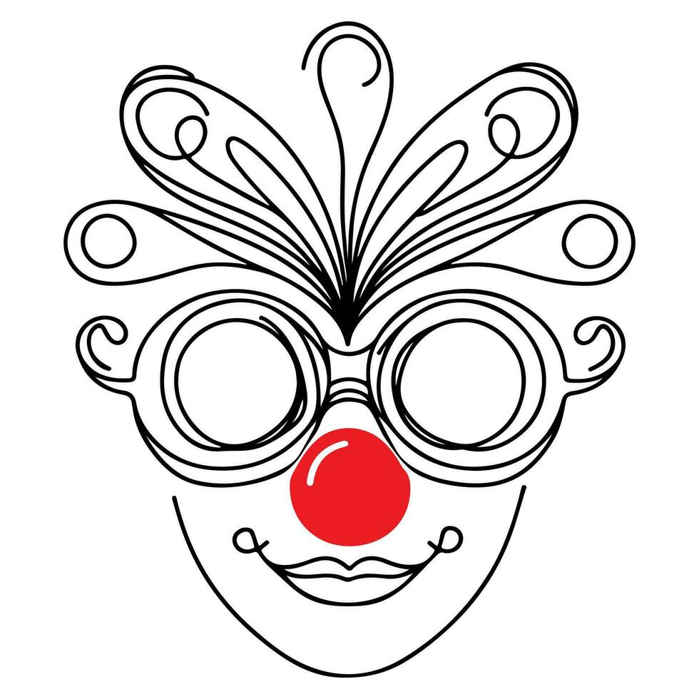 AI generated Continuous Line Drawing of Carnival goggles with a red nose day. Design element for logo or emblem . Hand Drawn Symbol Vector Illustration
