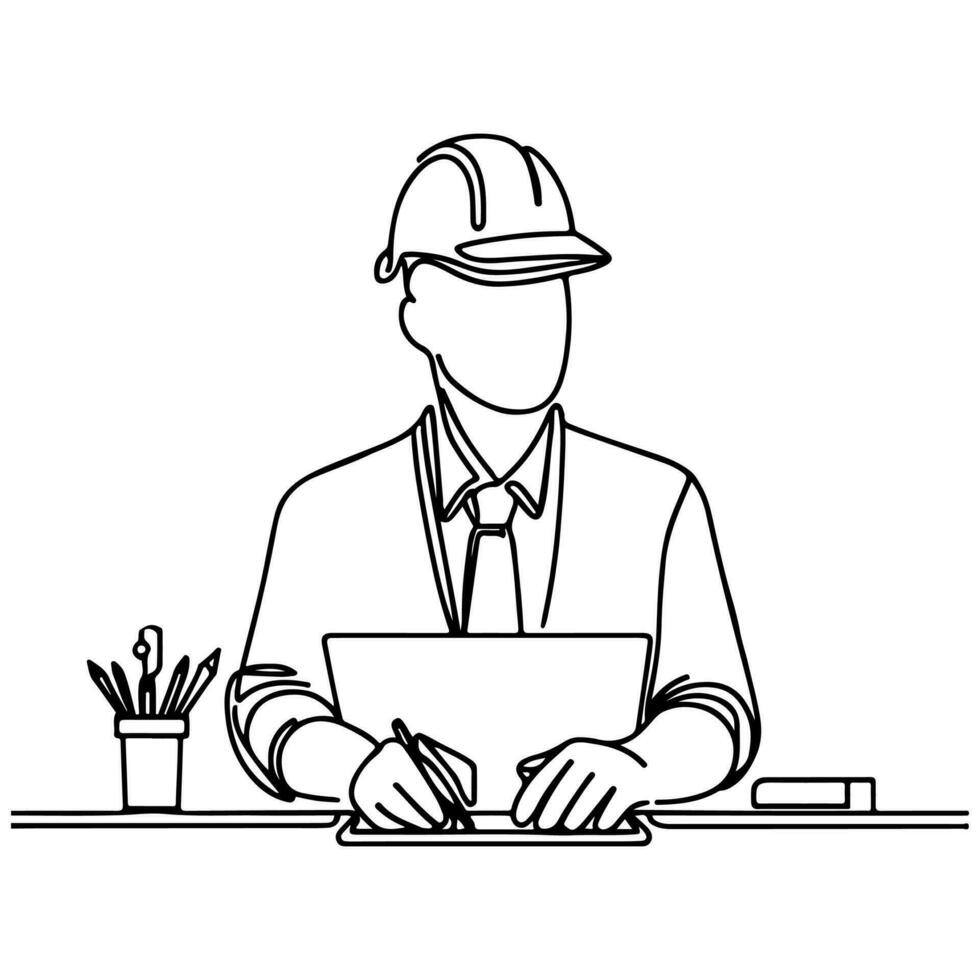 AI generated Happy Labour Day worker man wearing hard hat continuous one line draw design  black outline drawing Labor Day icon concept sketch of the workers doodle style vector