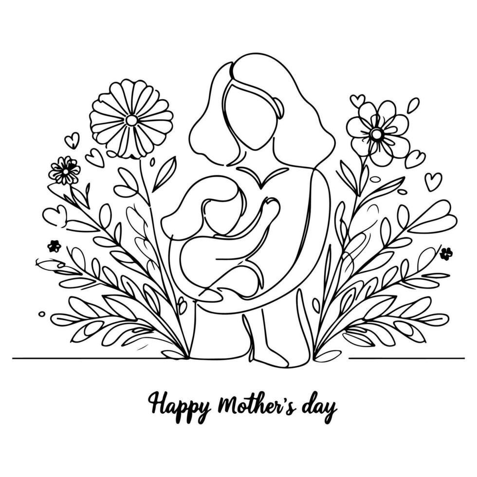 International Women's Day card, woman holding her child in heart with continuous one black outline line drawing Happy mothers day banner doodle style vector illustration