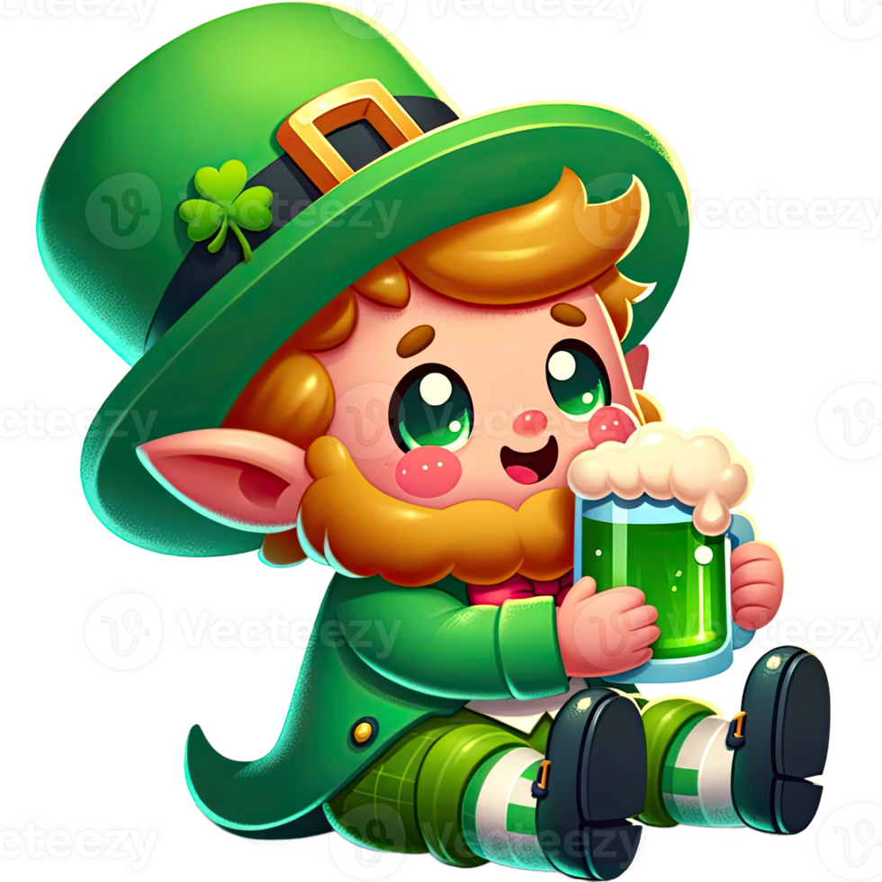 AI generated Leprechaun cute cartoon character 3D sitting Drink beer png