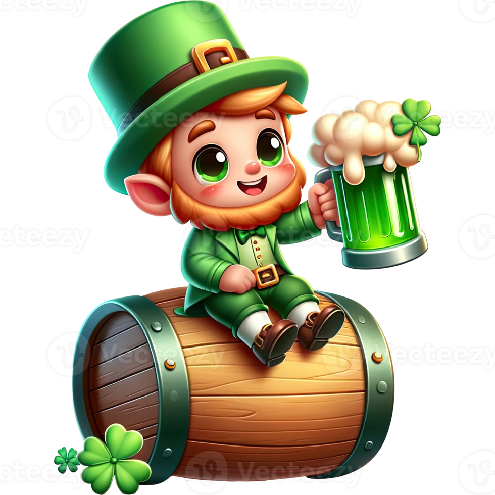 AI generated Leprechaun cute cartoon character 3D Drink beer sitting on a beer keg png