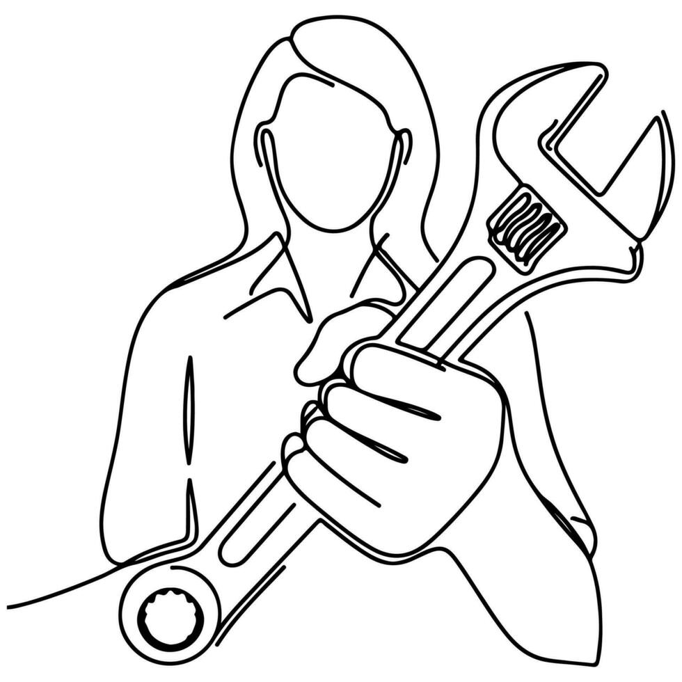 AI generated hand holding spanner wrench, Happy Labour Day Continuous one line draw design vector graphic illustration with black outline drawing Labor Day icon