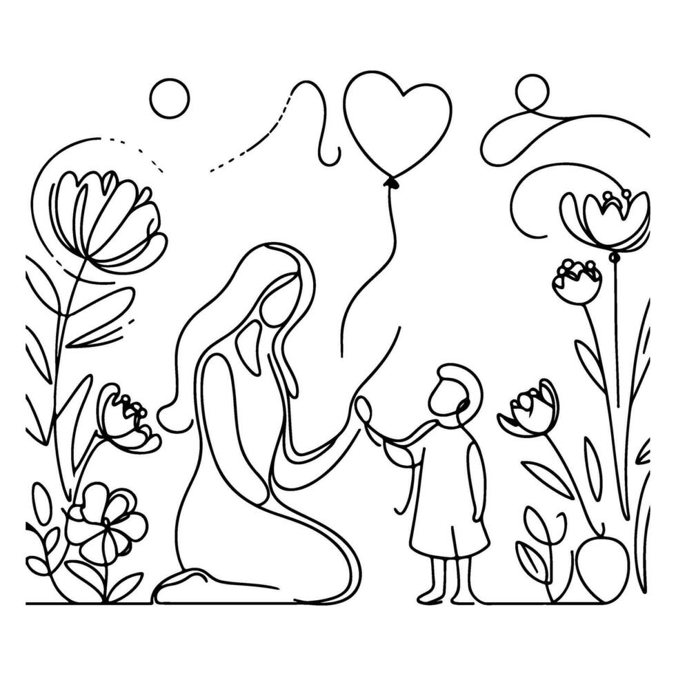 International Women's Day card, woman holding her child in heart with continuous one black outline line drawing Happy mothers day banner doodle style vector illustration