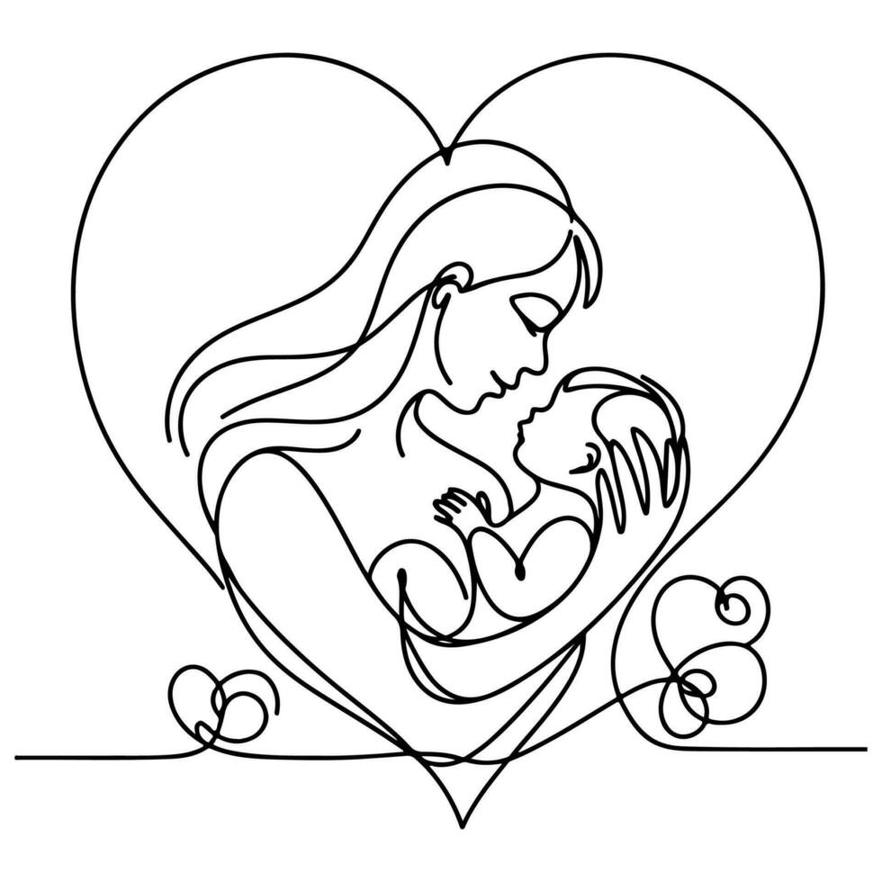 International Women's Day card, woman holding her child in heart with continuous one black outline line drawing Happy mothers day banner doodle style vector illustration