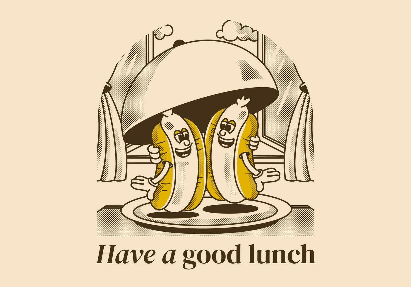 tener un bueno almuerzo. personaje ilustración de dos caliente perro en el plato vector