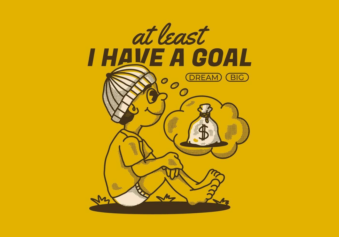 at least I have a goal. Retro character illustration of a beanie boy sitting and daydreaming vector