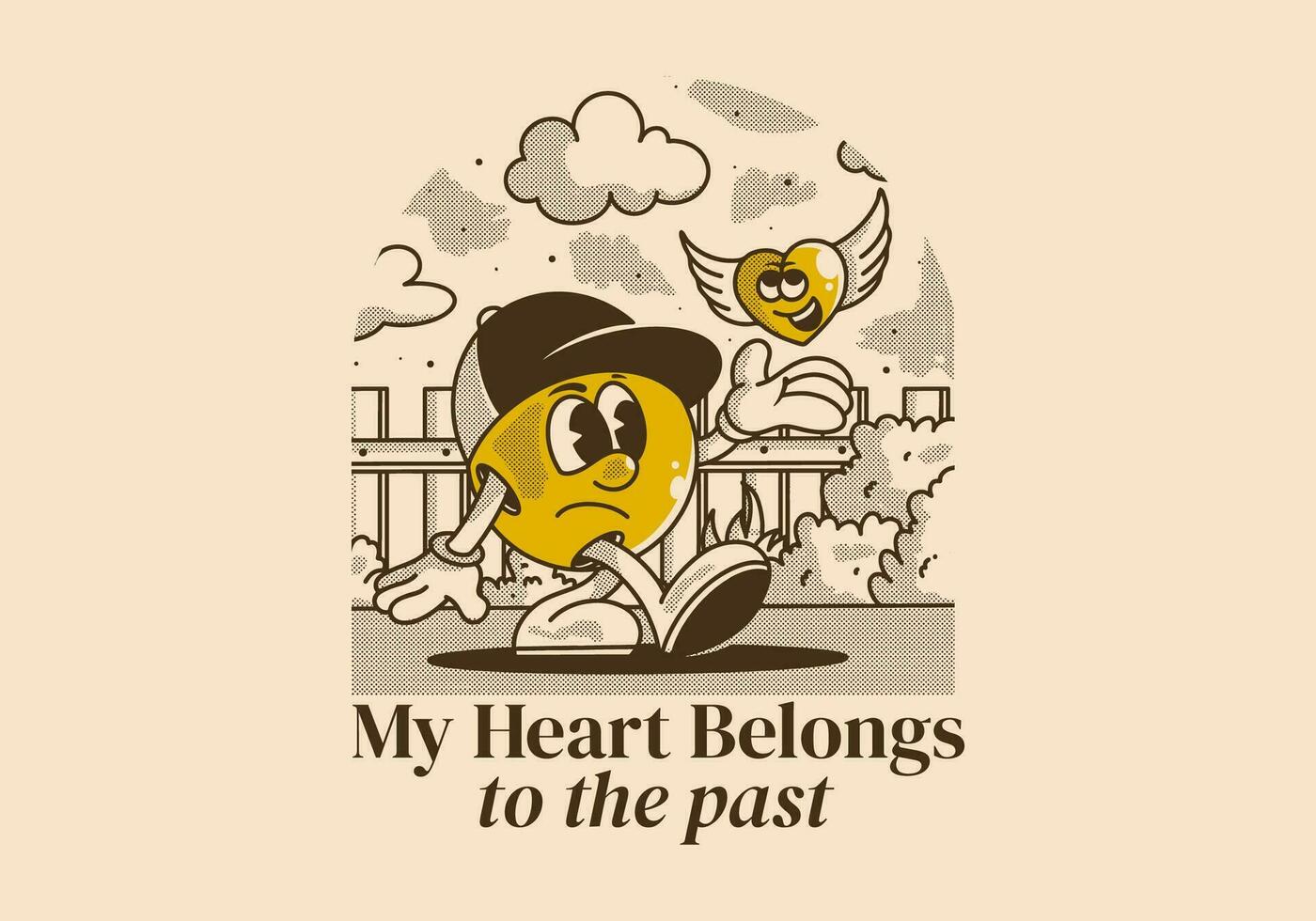 My heart belong to the past. Character illustration of a ball head and flying heart vector