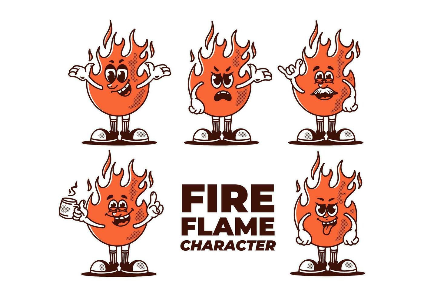 Vintage style illustration of a fire flame set character in five different pose vector