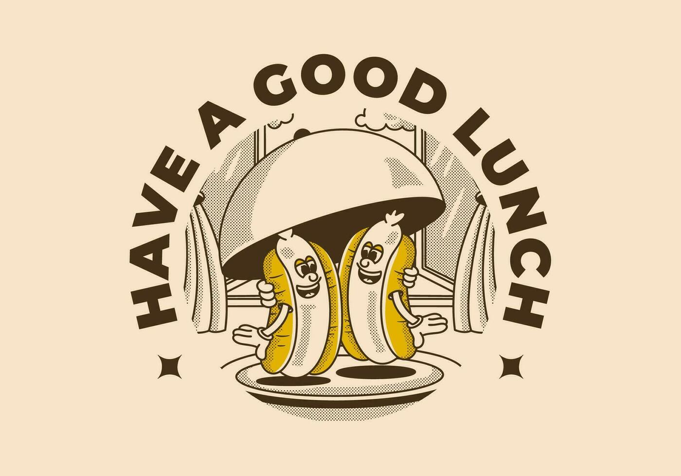 Have a good lunch. Character illustration of two hot dog on the plate vector