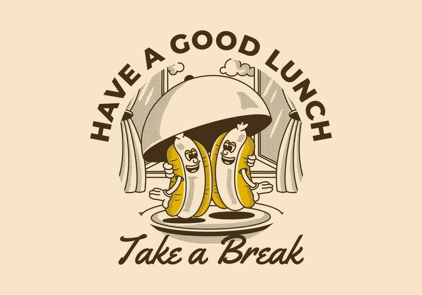 Have a good lunch. Character illustration of two hot dog on the plate vector