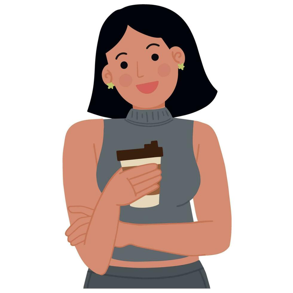 retrato un mujer sonriente y sostener un taza de café vector