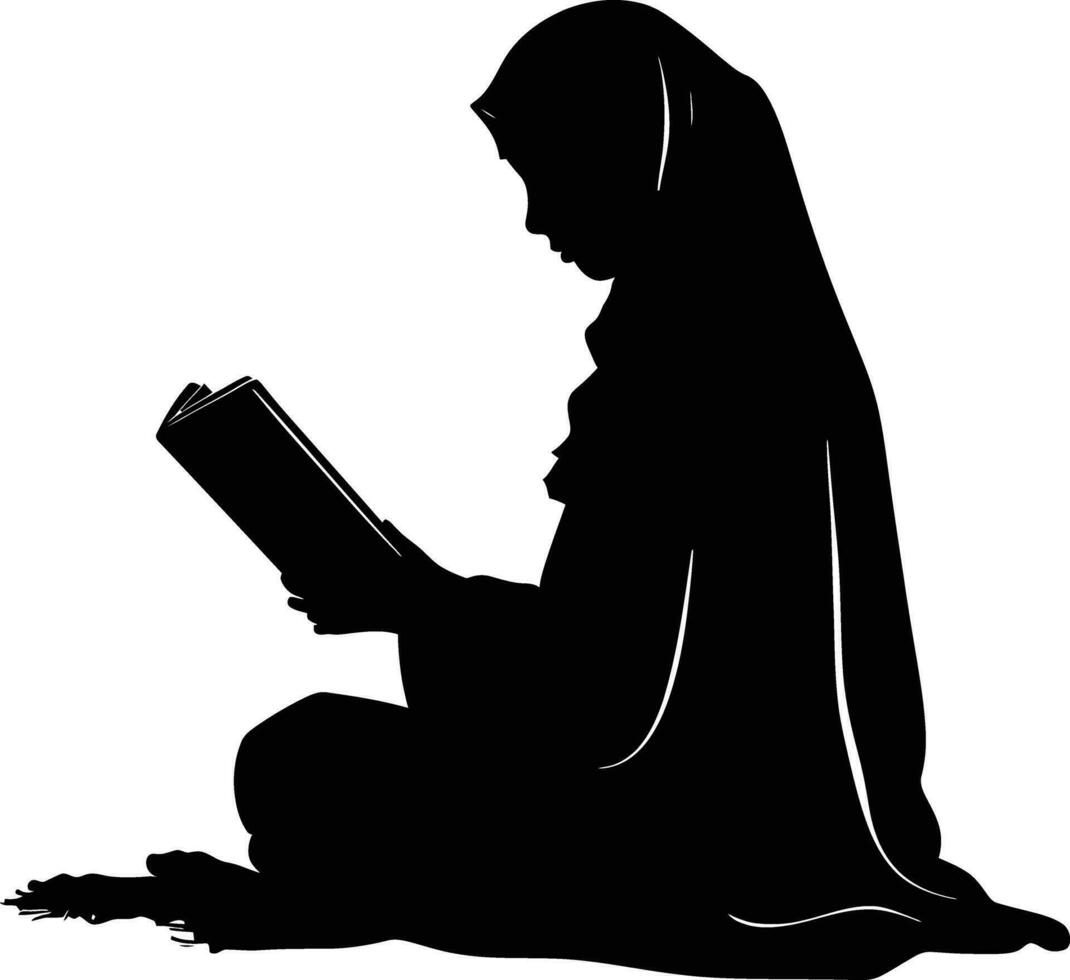 AI generated Silhouette of a Muslim woman reading the Koran in black color only vector