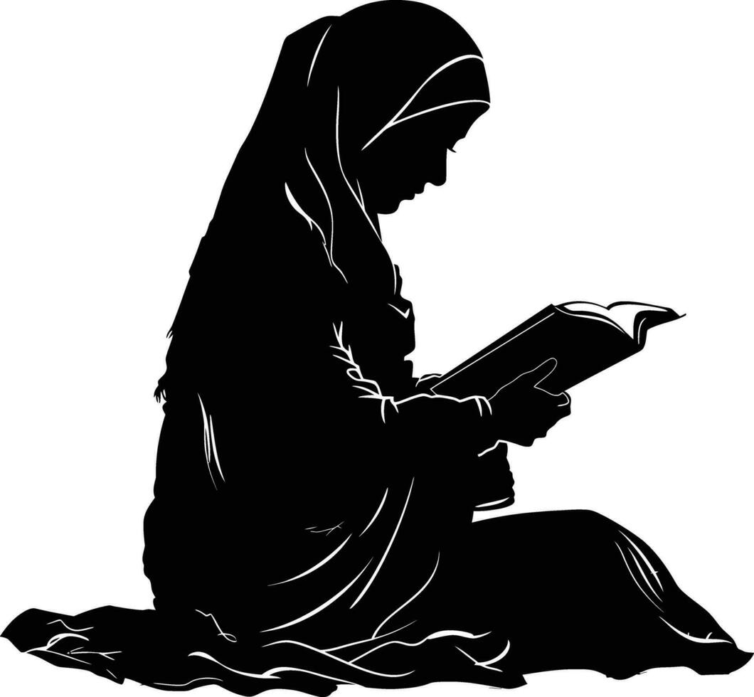 ai generado silueta de un musulmán mujer leyendo el Corán en negro color solamente vector