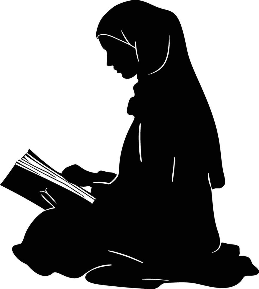 AI generated Silhouette of a Muslim woman reading the Koran in black color only vector