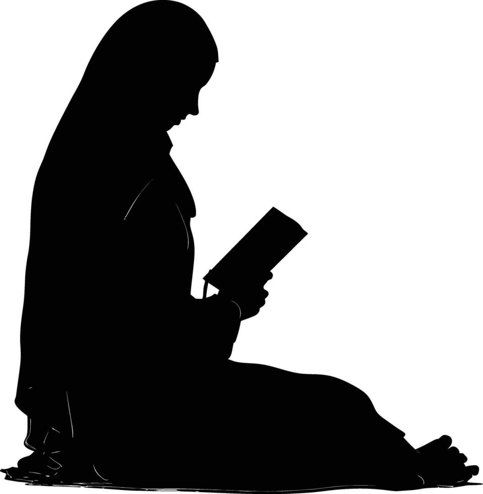 AI generated Silhouette of a Muslim woman reading the Koran in black color only vector