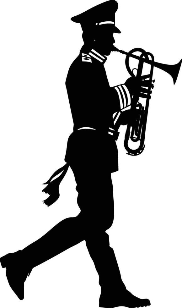 AI generated Silhouette marching band wind instrument player full body black color only vector