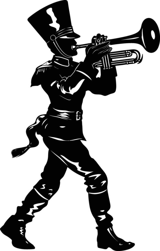 AI generated Silhouette marching band wind instrument player full body black color only vector