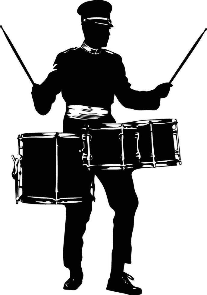 AI generated Silhouette marching band percussion instrument player full body black color only vector