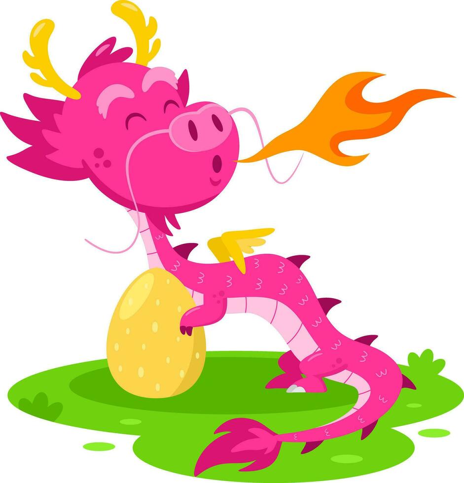 Cute Chinese Dragon Cartoon Character With Egg. Vector Illustration Flat Design