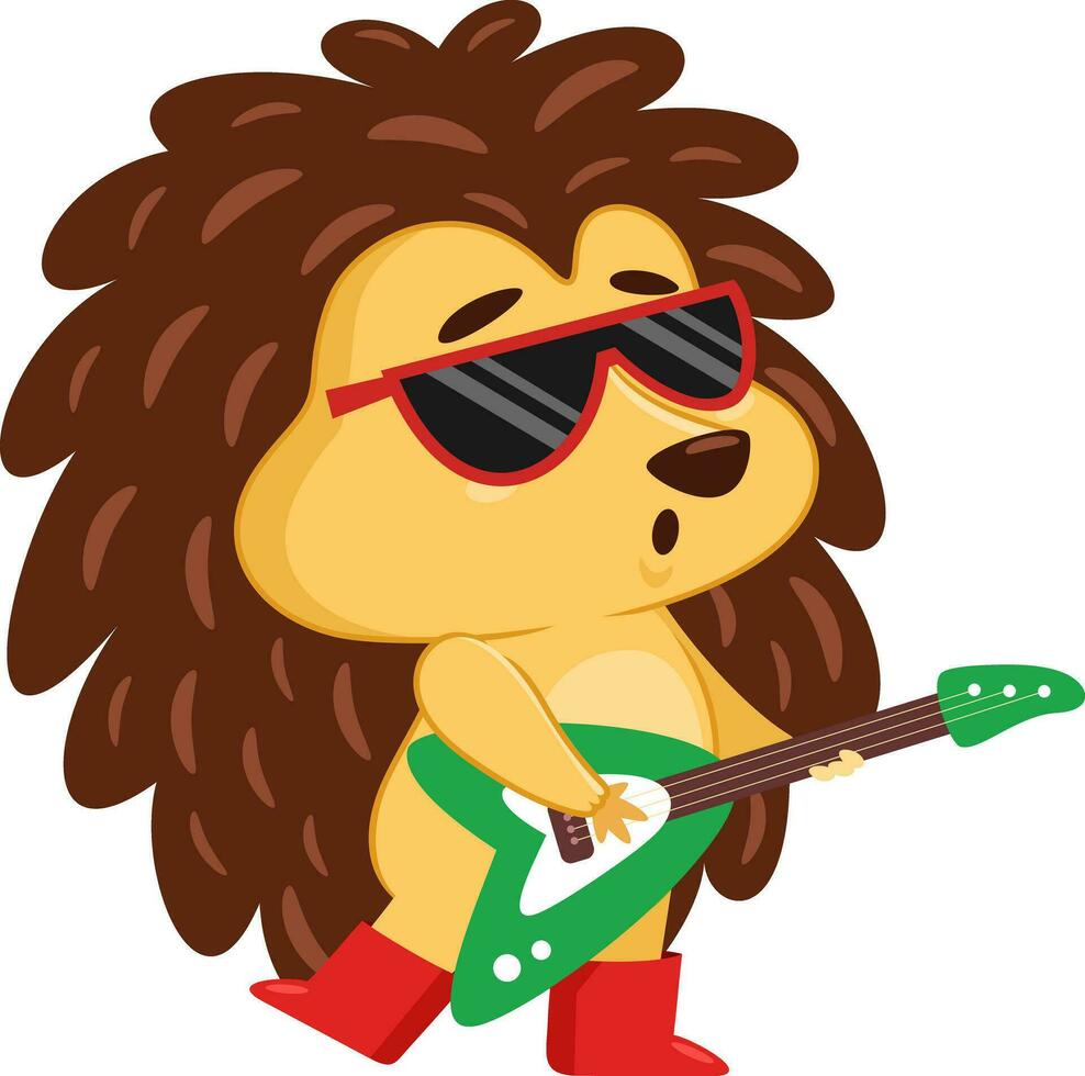 Cute Hedgehog Cartoon Character Plays Electric Guitar. Vector Illustration Flat Design