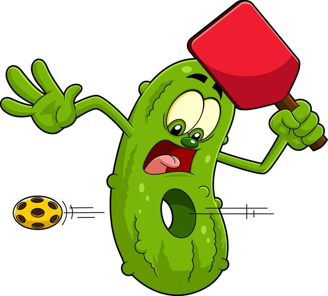 Pickle Cartoon Character With A Hole In His Body From A Pickleball Ball Going Through Him. Vector Hand Drawn Illustration