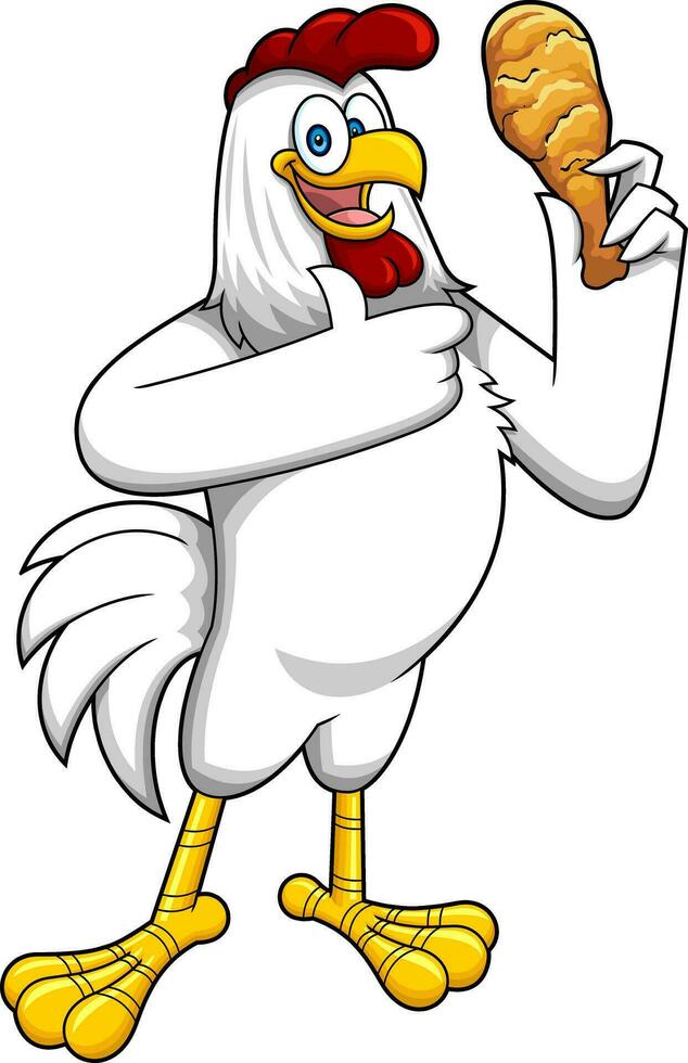 linda pollo gallo dibujos animados personaje participación frito pierna y dando el pulgares arriba vector