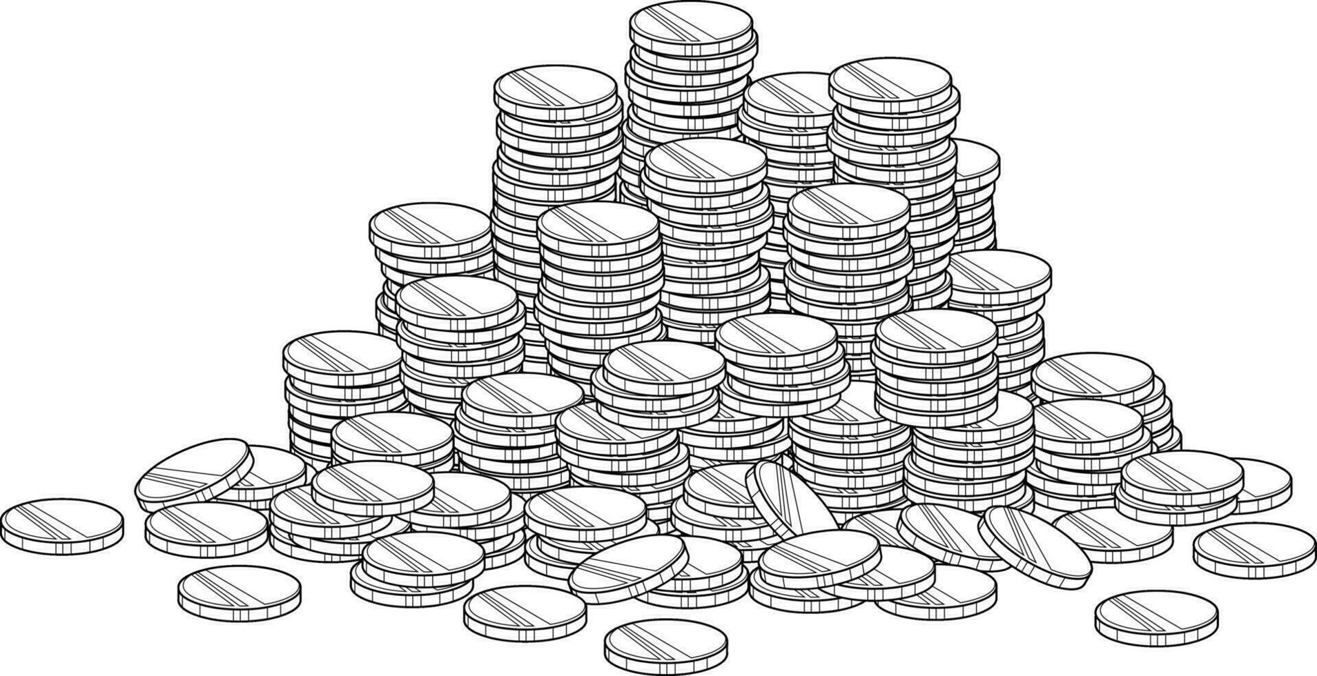Outlined Cartoon Pile Of Gold Coins Cash Money. Vector Hand Drawn