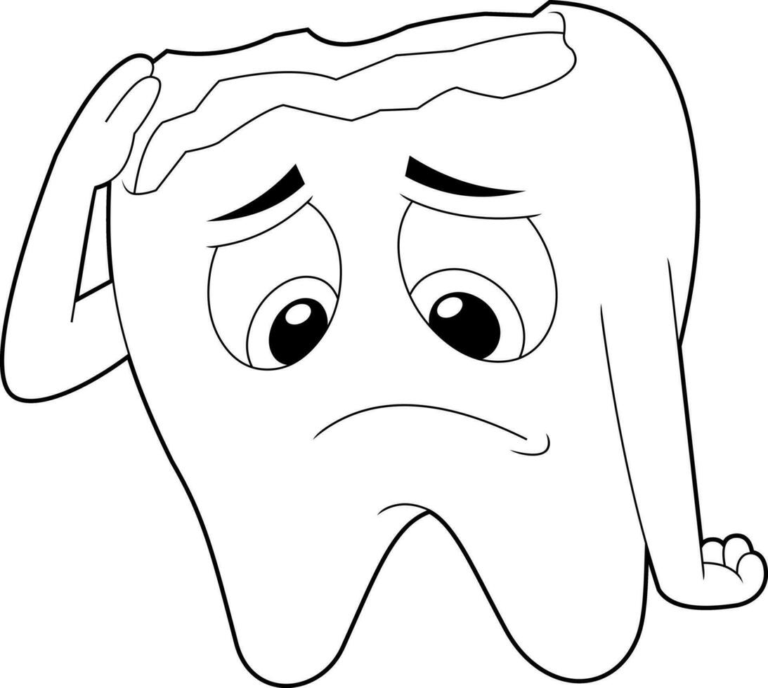 Outlined Sick Tooth Cartoon Character With Caries Crying. Vector Hand Drawn Illustration