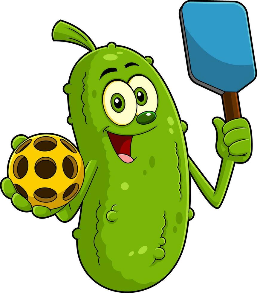 Smiling Pickle Cartoon Character Holding A Pickleball Ball And Paddle Racket. Vector Hand Drawn Illustration
