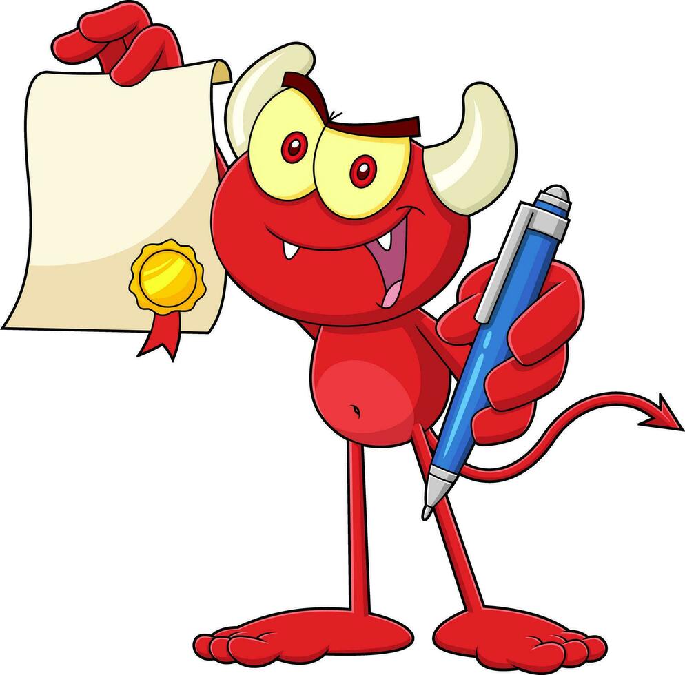 Cute Little Red Devil Cartoon Character Holds Up A Contract. Vector Hand Drawn Illustration