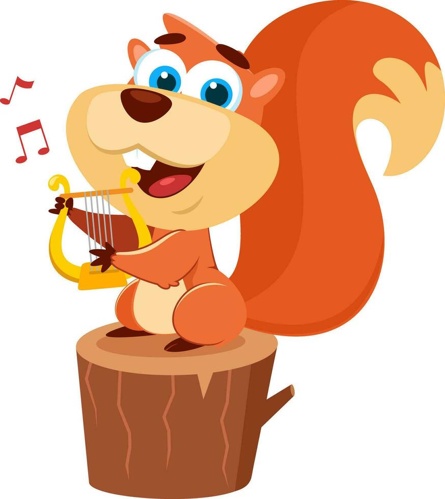 Cute Squirrel Cartoon Character Sing A Song With Harp. Vector Illustration Flat Design