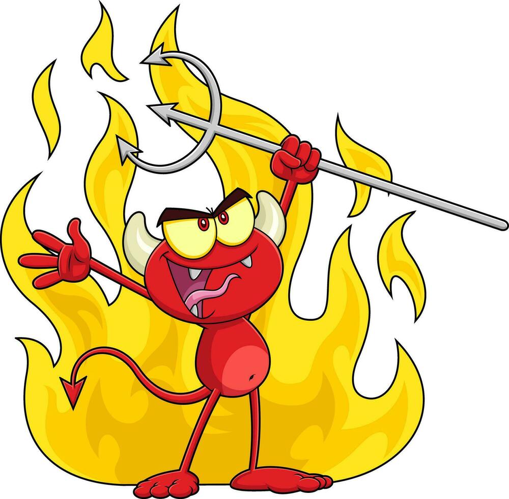 Angry Little Red Devil Cartoon Character Holding A Pitchfork Over Flames. Vector Hand Drawn Illustration