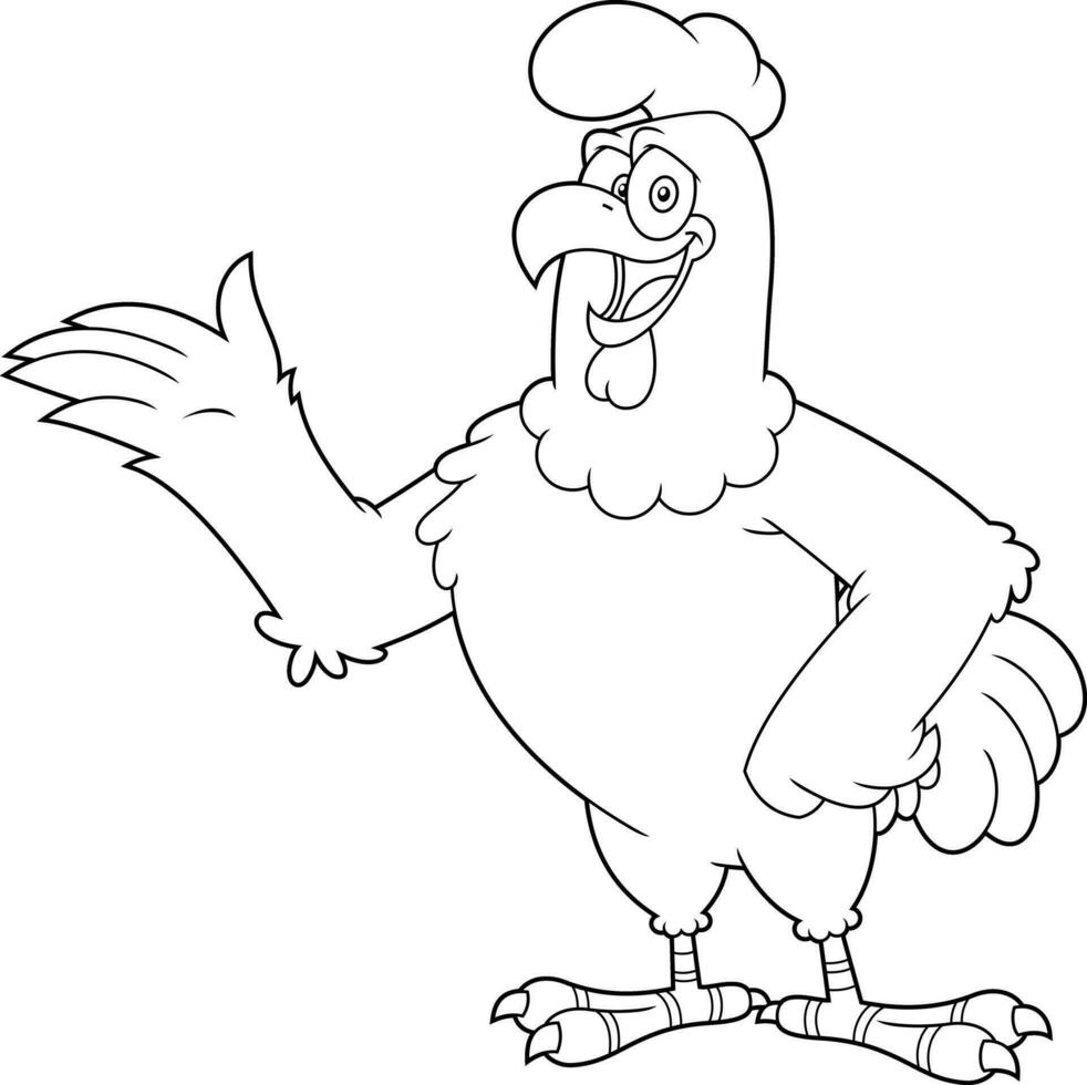 Outlined Funny Chicken Rooster Cartoon Character Waving For Greeting vector