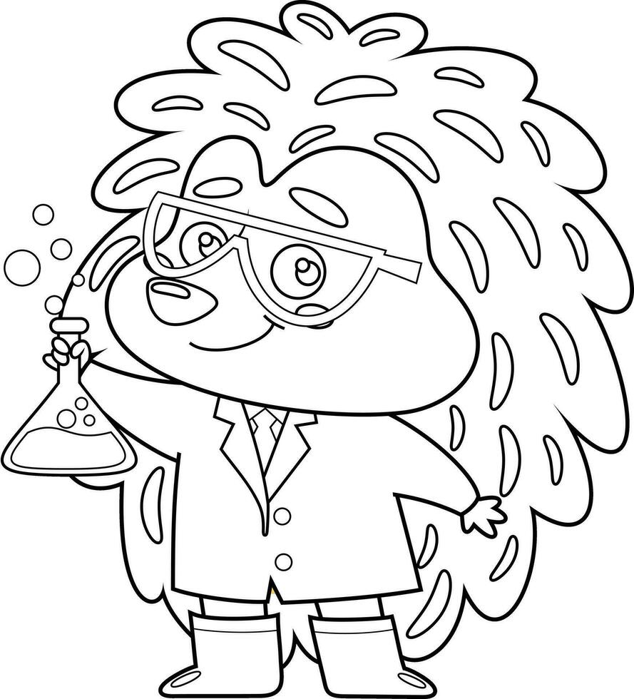Outlined Hedgehog Science Professor Cartoon Character Holding Flask Solvent. Vector Hand Drawn Illustration