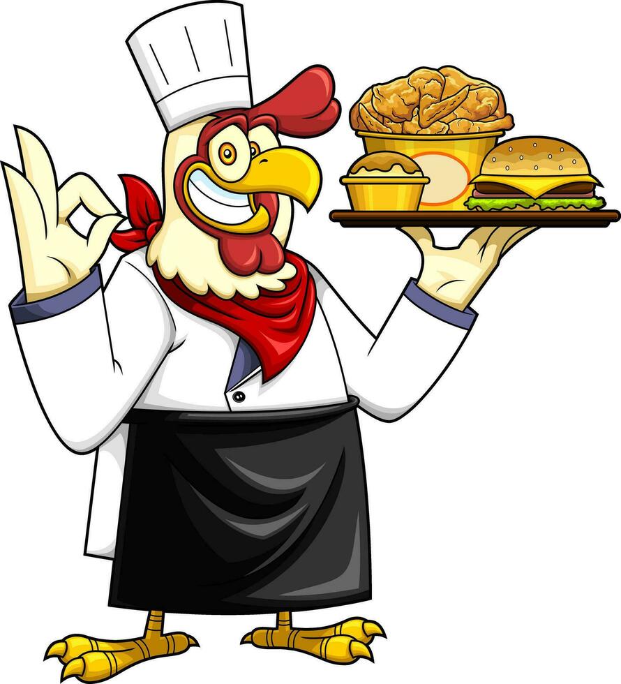 Chef Chicken Rooster Cartoon Character Present Best Fast Food vector