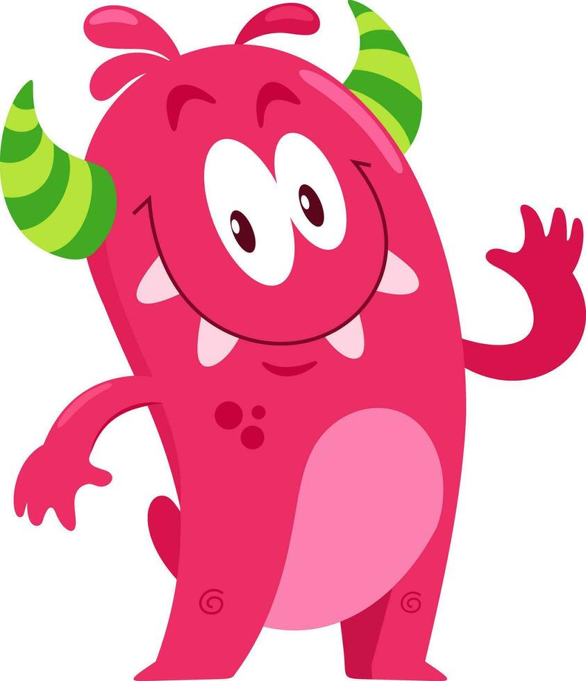 Cute Monster Cartoon Character Waving For Greeting. Vector Illustration Flat Design