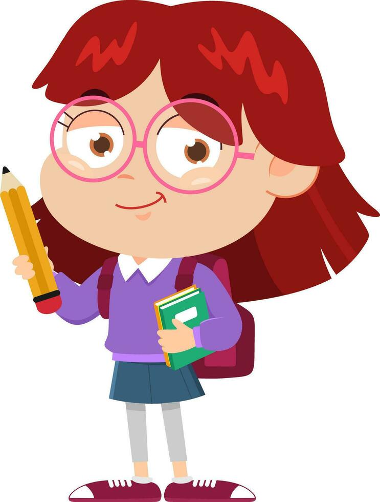 School Girl Cartoon Character With Backpack And Textbook Holding A Pencil. Vector Illustration Flat Design