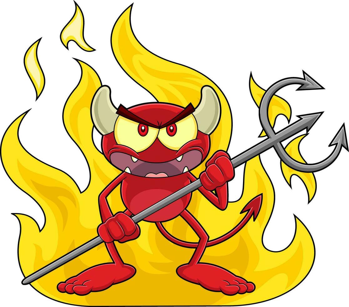 Angry Little Red Devil Cartoon Character Holding A Pitchfork Over Flames. Vector Hand Drawn Illustration
