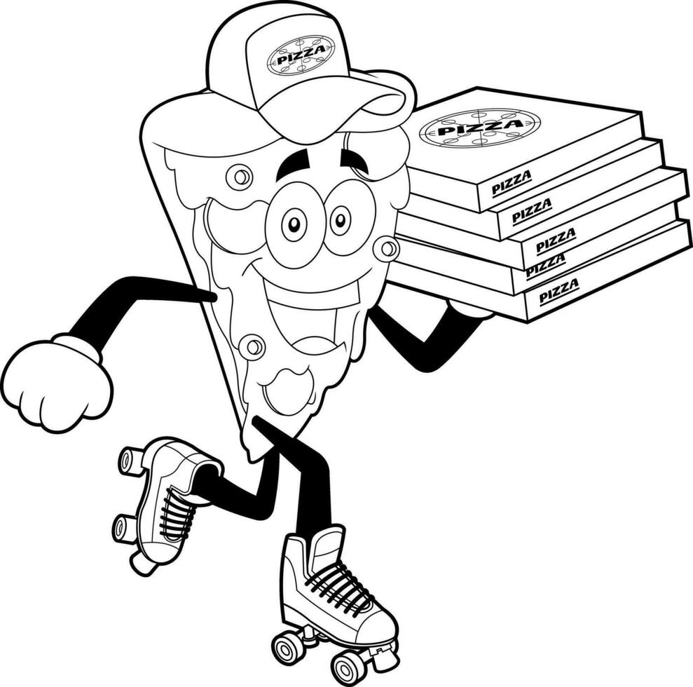 Outlined Pizza Slice Cartoon Character Is Going For Delivery. Vector Hand Drawn Illustration