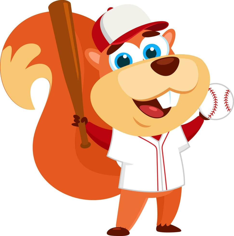 Cute Squirrel Cartoon Character Swinging A Baseball Bat And Ball. Vector Illustration Flat Design