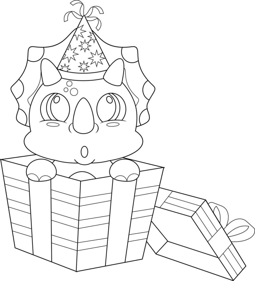 Outlined Cute Birthday Dinosaur Cartoon Character Exit From Gift Box. Vector Hand Drawn Illustration