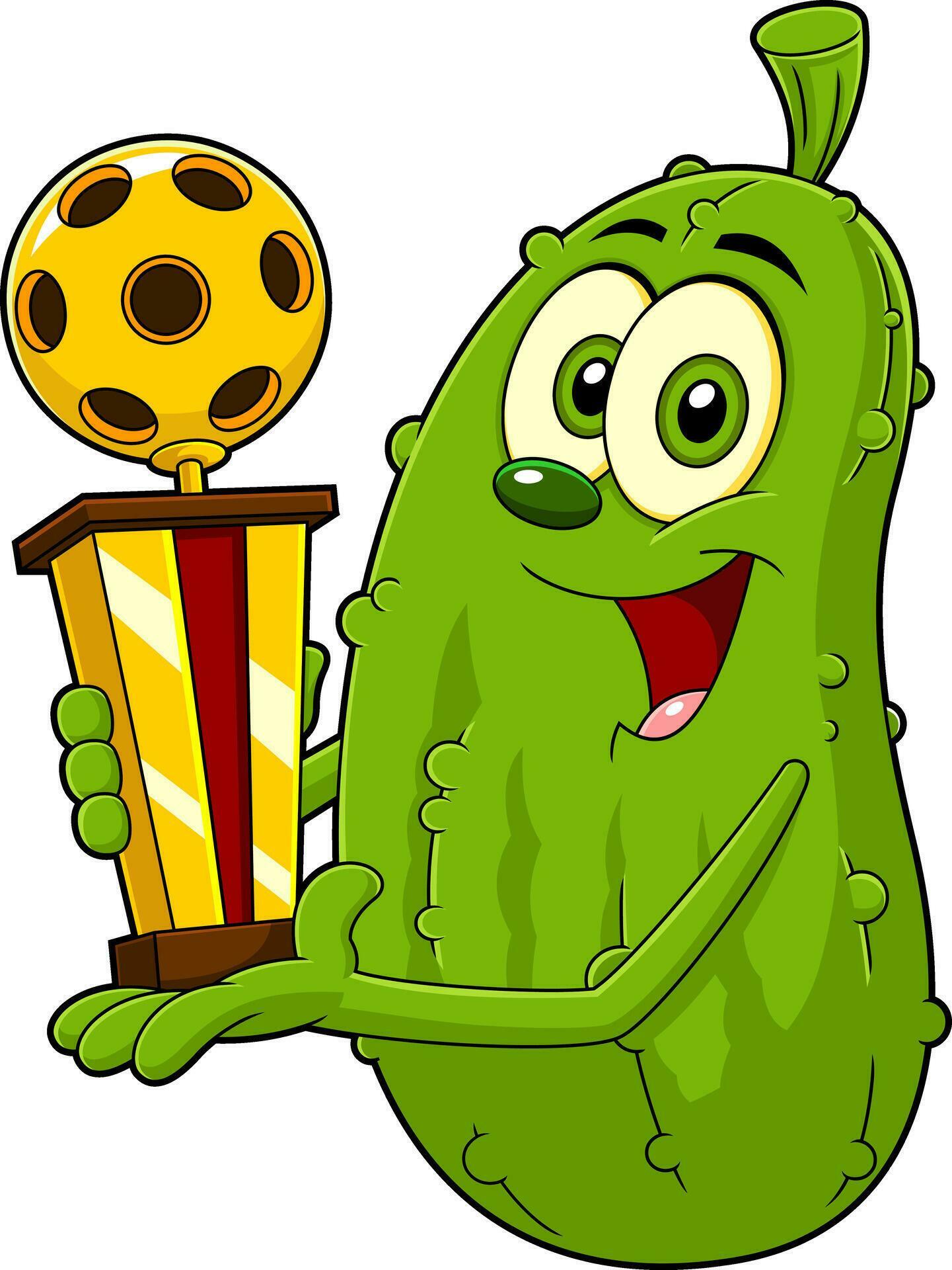 Happy Pickle Cartoon Character Holding A Pickleball Trophy. Vector Hand