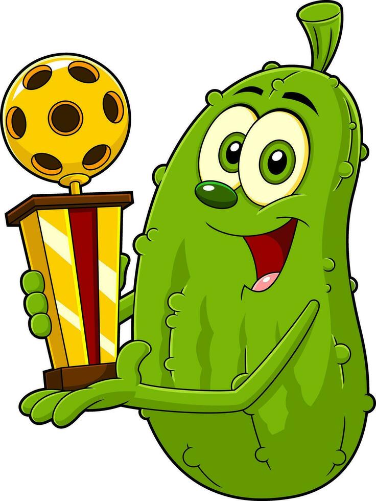 Happy Pickle Cartoon Character Holding A Pickleball Trophy. Vector Hand Drawn Illustration