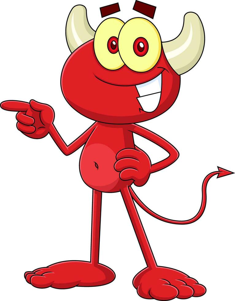 Smiling Little Red Devil Cartoon Character Pointing. Vector Hand Drawn Illustration