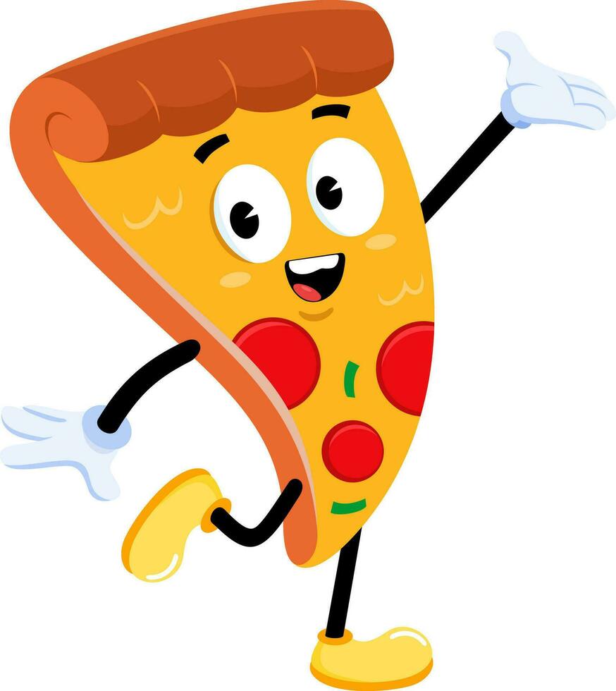 gracioso Pizza rebanada retro dibujos animados personaje ondulación. vector ilustración plano diseño