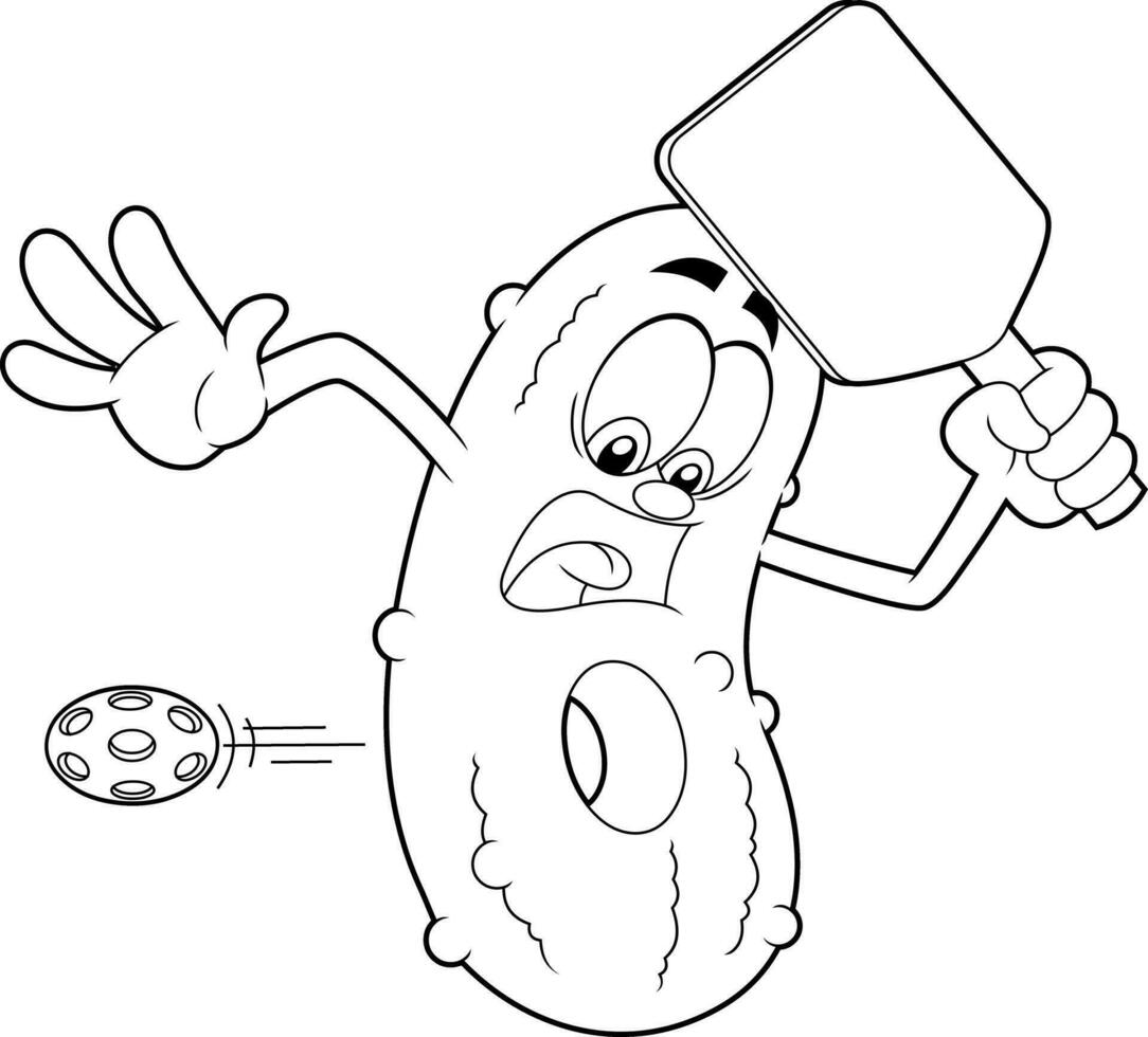 Outlined Pickle Cartoon Character With A Hole In His Body From A Pickleball Ball Going Through Him. Vector Hand Drawn Illustration