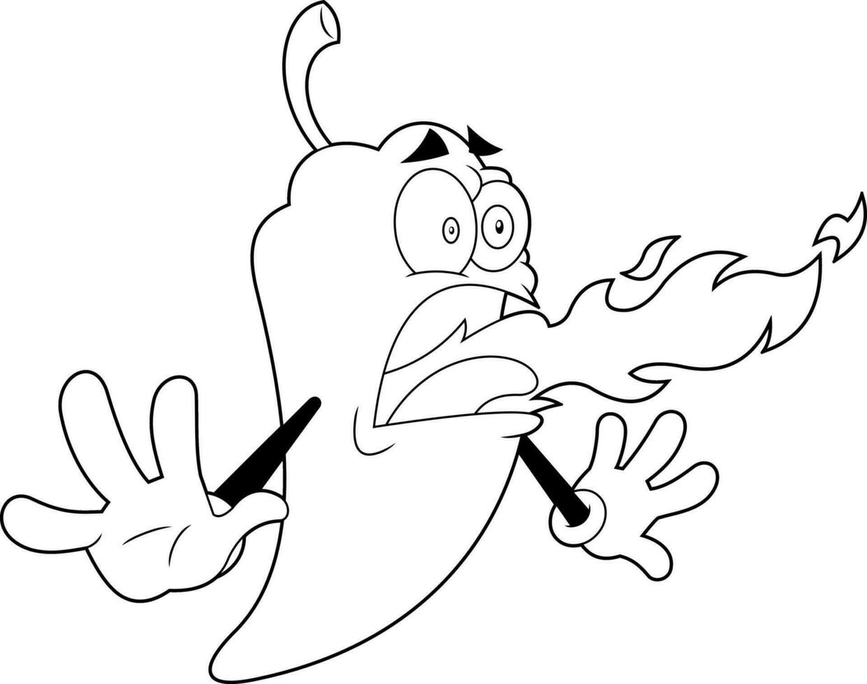 Outlined Funny Hot Chili Pepper Cartoon Character Breathing Fire. Vector Hand Drawn Illustration