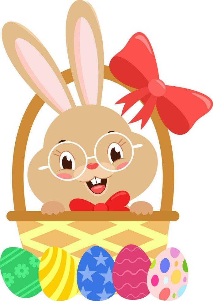 Cute Bunny Rabbit Cartoon Character In The Easter Basket With Eggs. Vector Illustration Flat Design