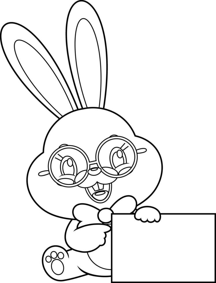 Outlined Cute Bunny Rabbit Cartoon Character Pointing To A Blank Sign. Vector Hand Drawn Illustration