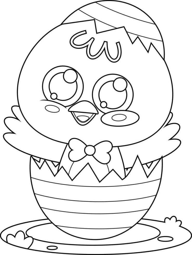 Outlined Surprise Cute Chick Cartoon Character Out Of An Egg Shell. Vector Hand Drawn Illustration